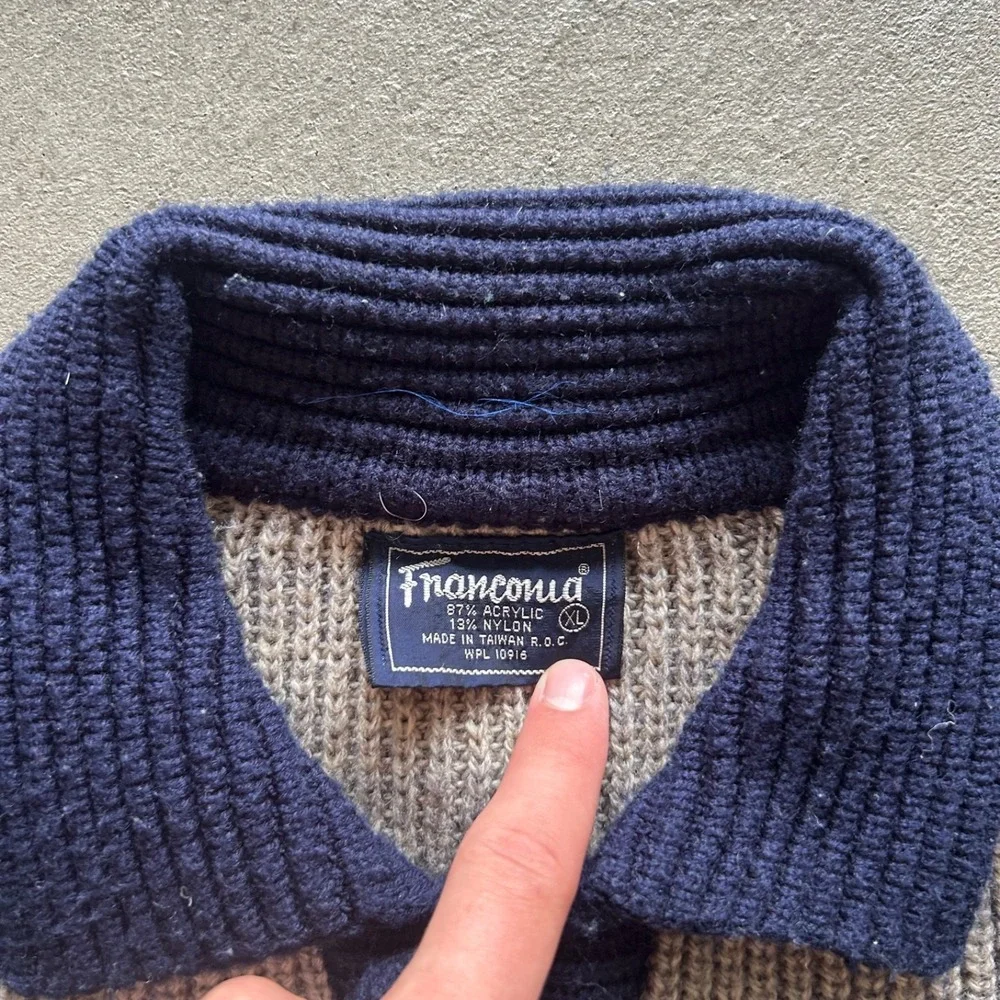 Vintage 70s Franconia Henley Sweater Size XL Tan Navy Blue Collared Pullover